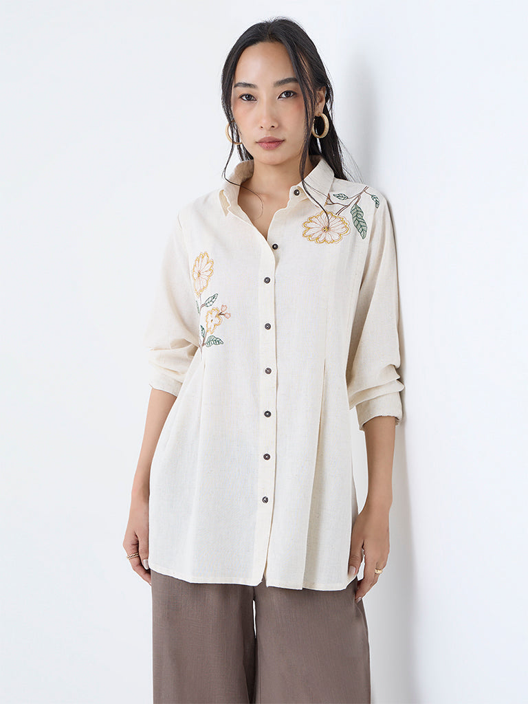 Utsa Cream Floral Embroidered Cotton-Blend Tunic