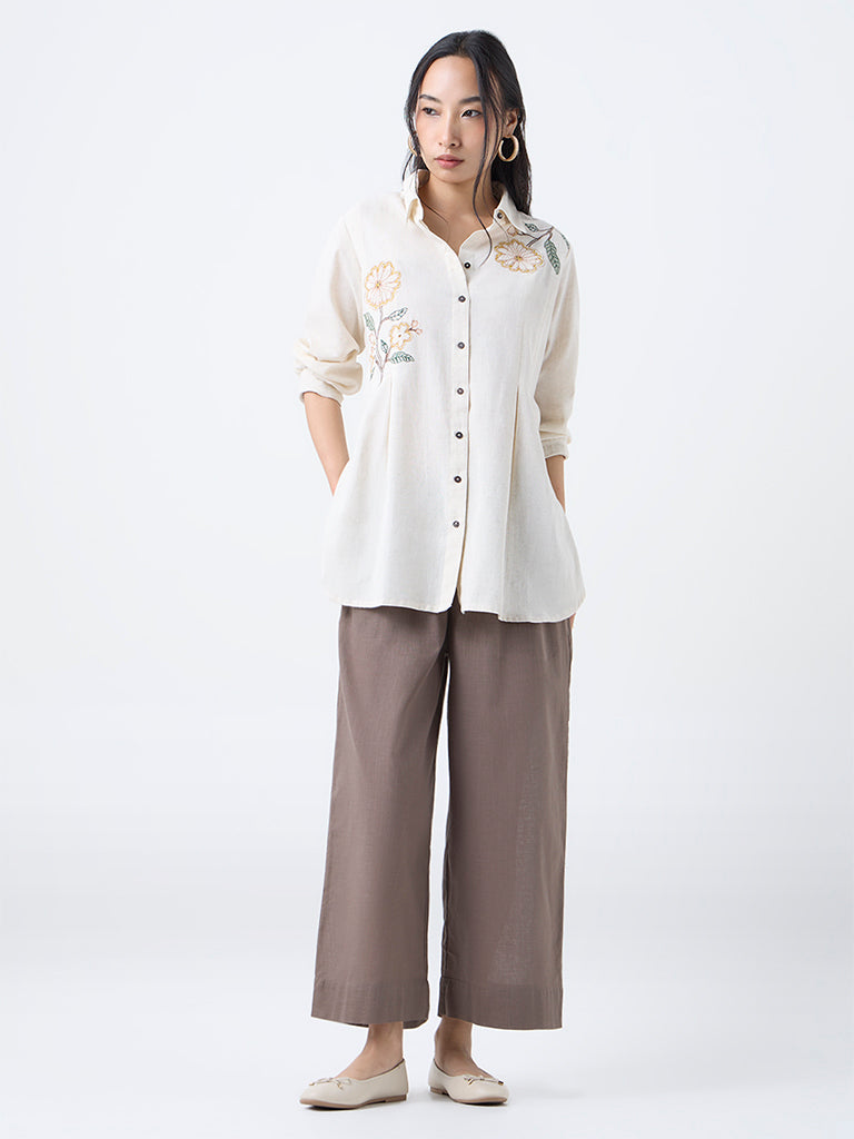 Utsa Cream Floral Embroidered Cotton-Blend Tunic