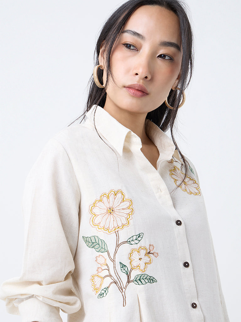 Utsa Cream Floral Embroidered Cotton-Blend Tunic