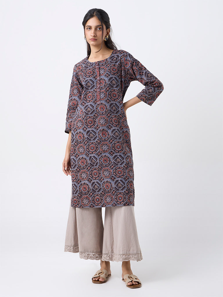Utsa Multicolour Ajrakh Printed Cotton Straight Kurta