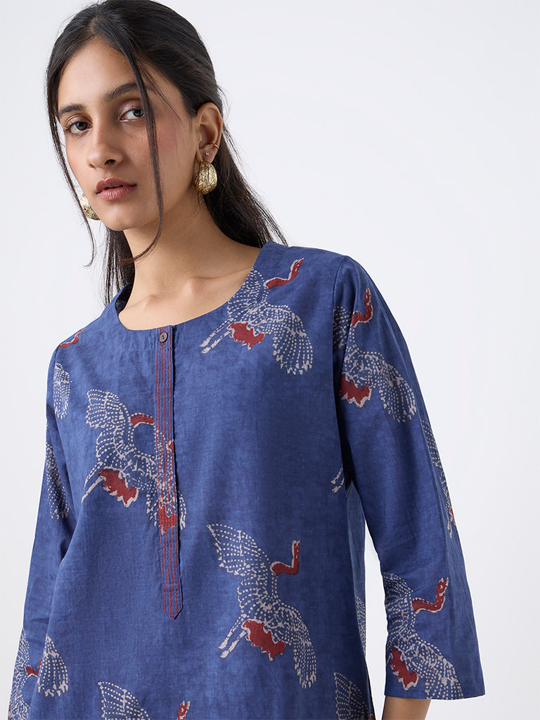 Utsa Indigo Bird Printed Cotton Straight Kurta