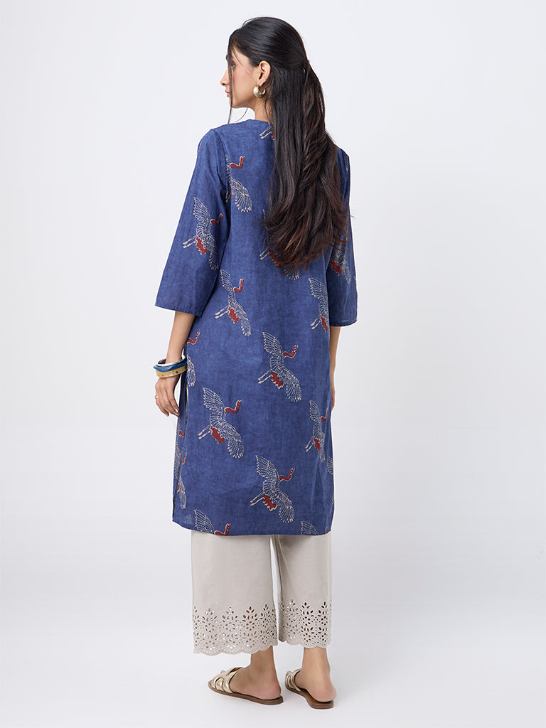 Utsa Indigo Bird Printed Cotton Straight Kurta