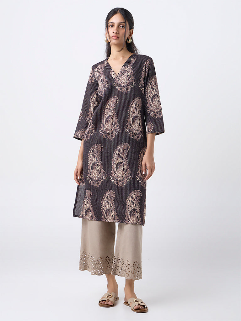 Utsa Black Paisley Design Cotton-Blend Straight Kurta