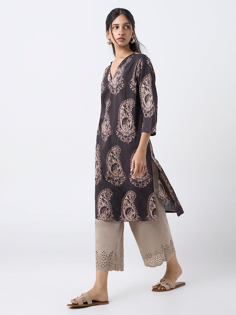 Utsa Black Paisley Design Cotton-Blend Straight Kurta