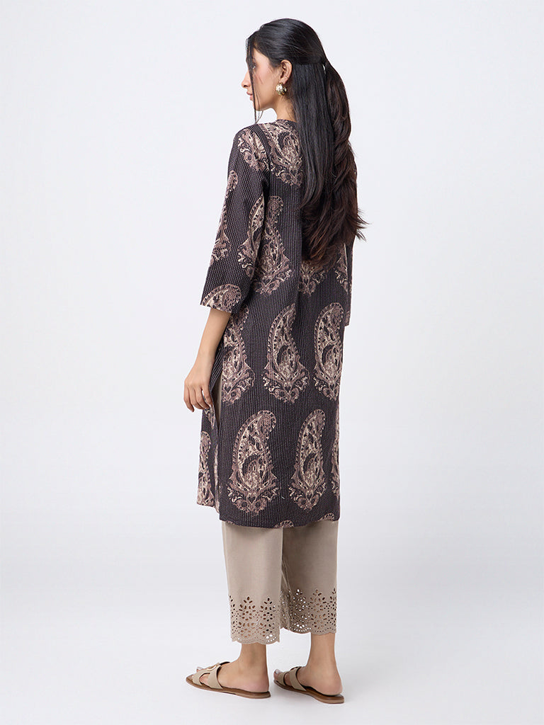 Utsa Black Paisley Design Cotton-Blend Straight Kurta