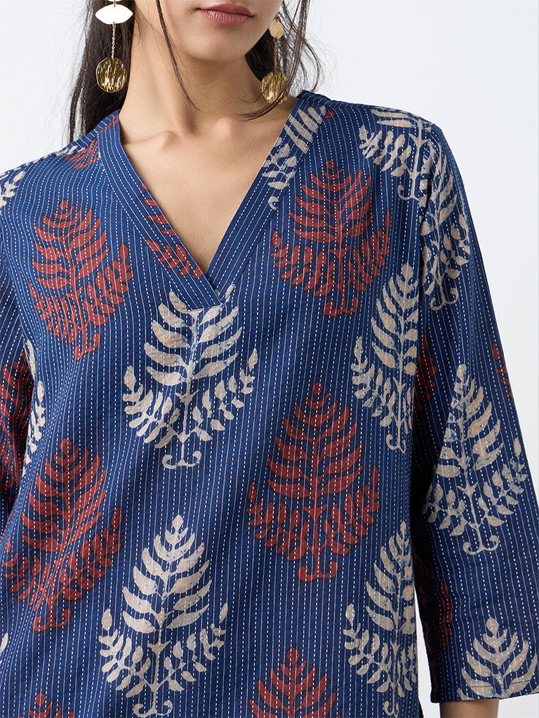 Utsa Indigo Botanical Printed Cotton-Blend Straight Kurta