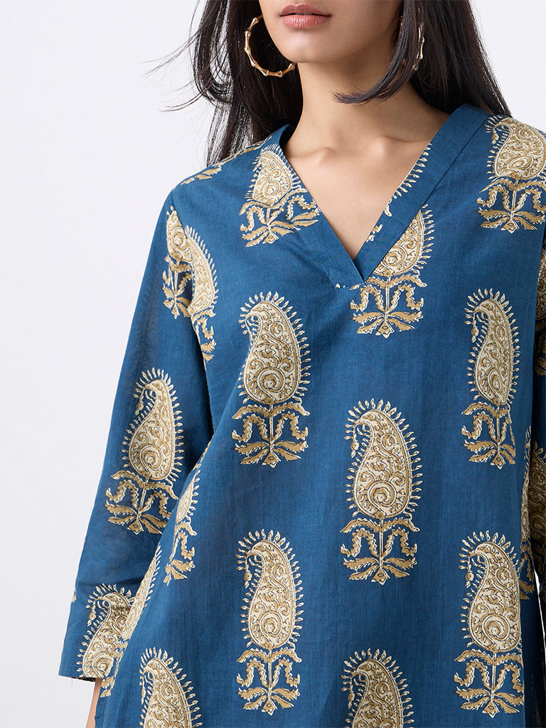 Utsa Indigo Paisley Design Cotton Straight Kurta