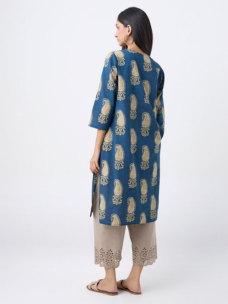 Utsa Indigo Paisley Design Cotton Straight Kurta