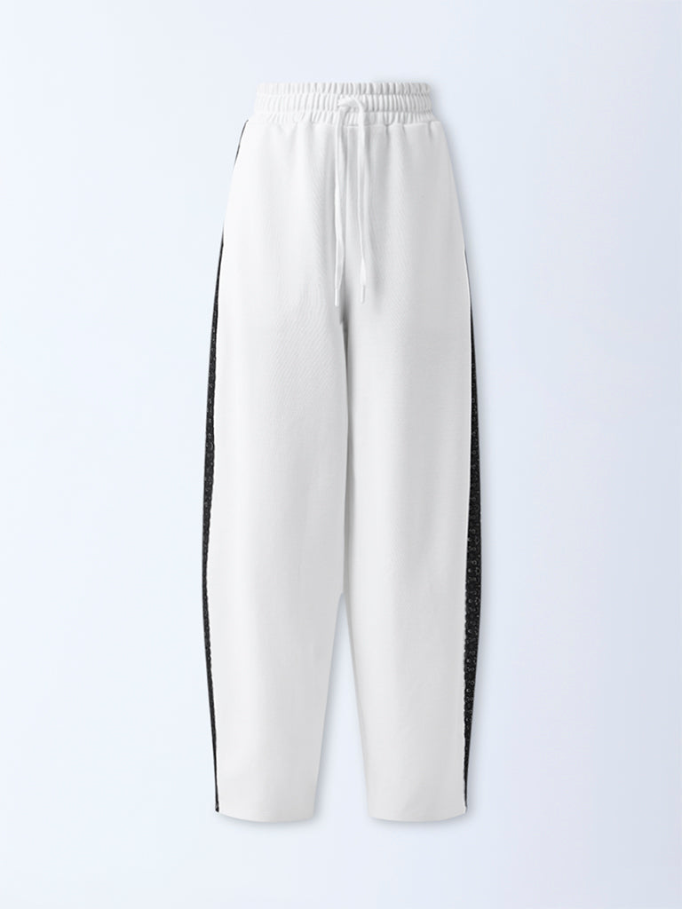 Studiofit White Lace-Detailed High-Rise Pants