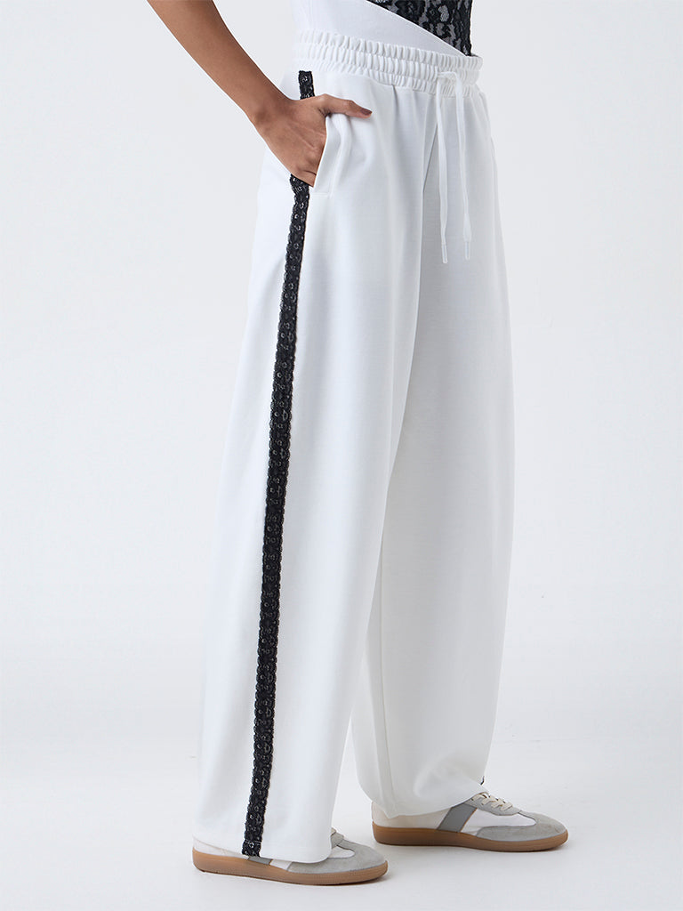 Studiofit White Lace-Detailed High-Rise Pants