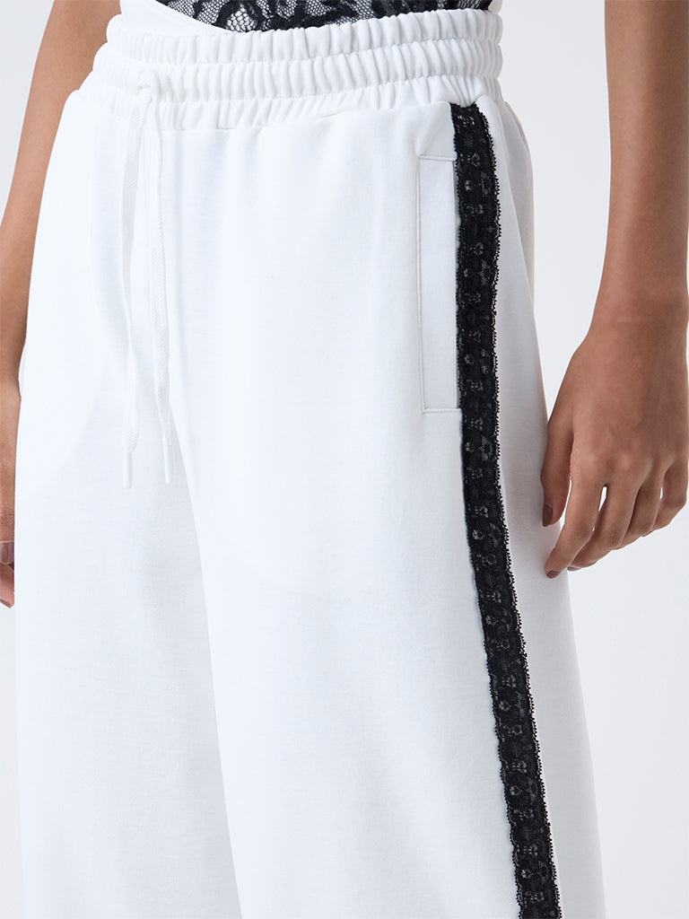 Studiofit White Lace-Detailed High-Rise Pants