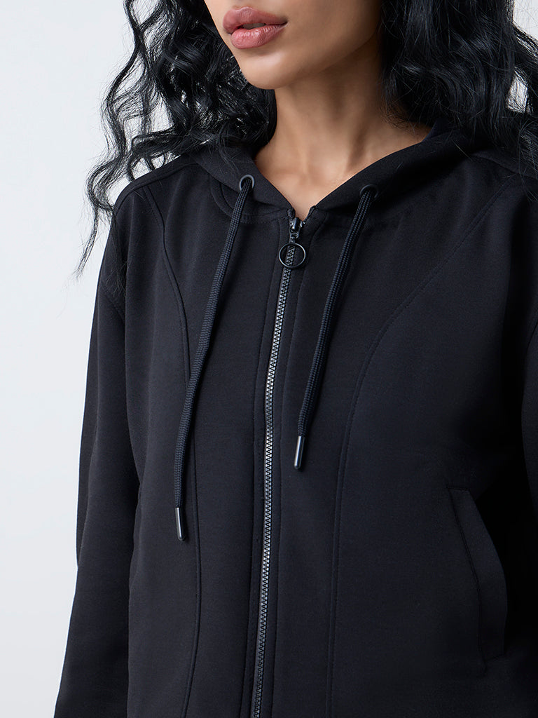 Studiofit Black Solid Hooded Jacket
