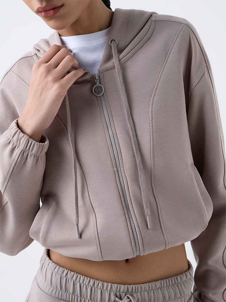 Studiofit Taupe Solid Hooded Jacket
