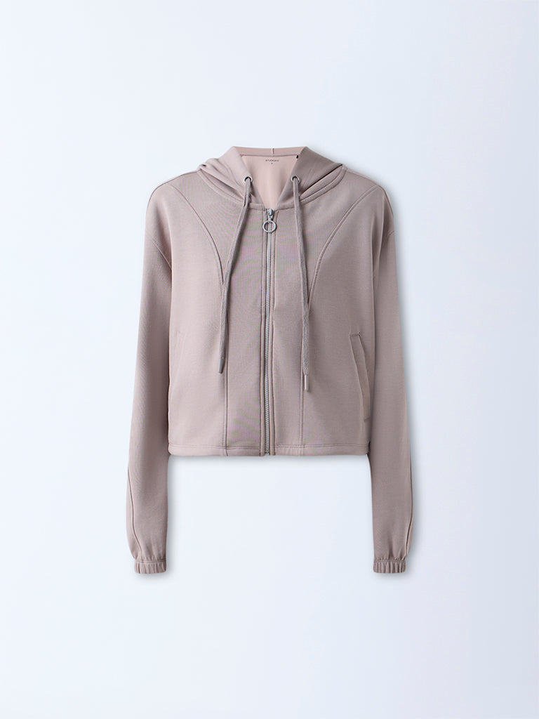 Studiofit Taupe Solid Hooded Jacket