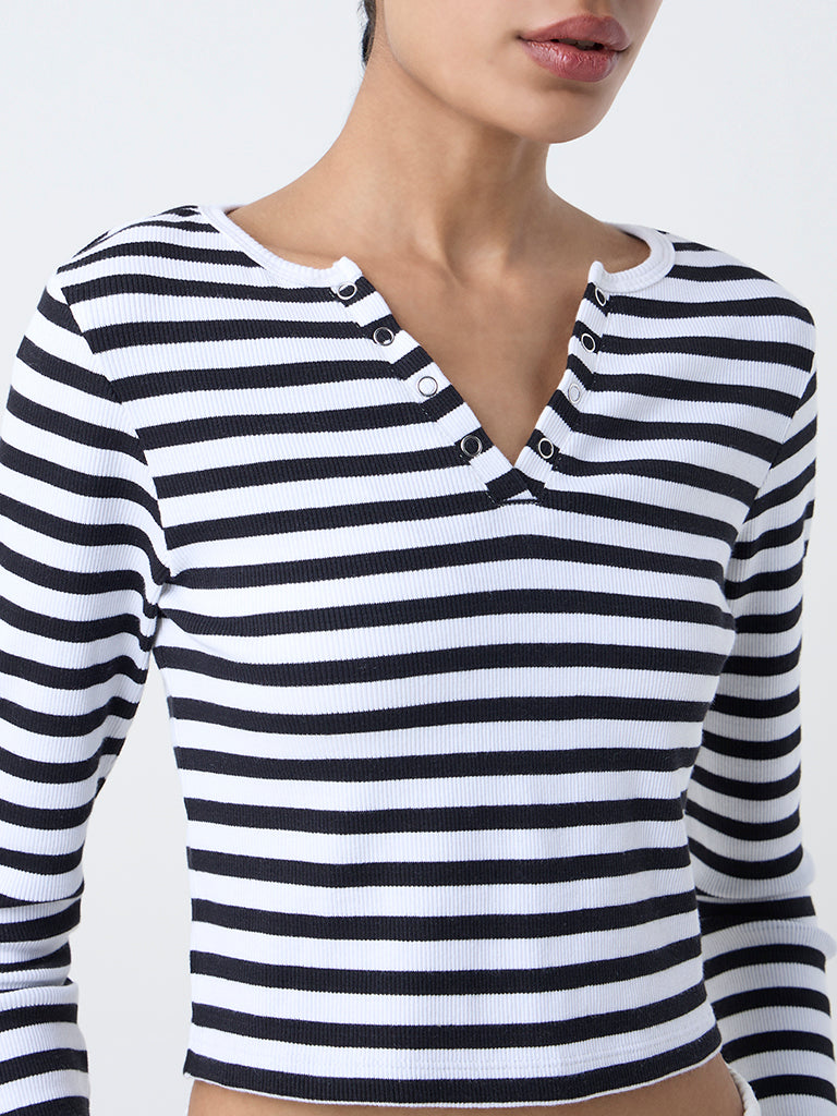 Studiofit Black Striped Cotton-Blend Henley T-Shirt