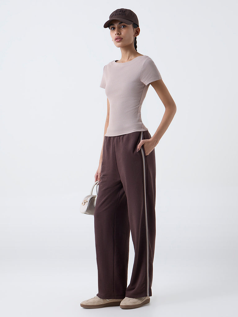 Studiofit Taupe Ribbed-Textured Cotton-Blend T-Shirt