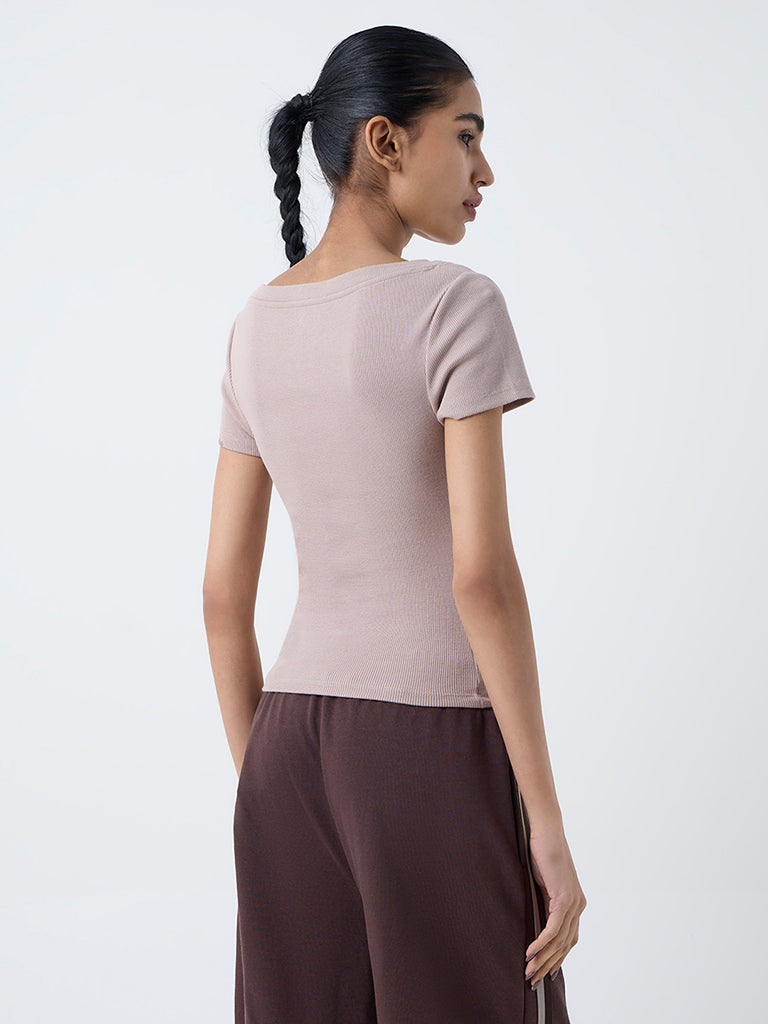 Studiofit Taupe Ribbed-Textured Cotton-Blend T-Shirt