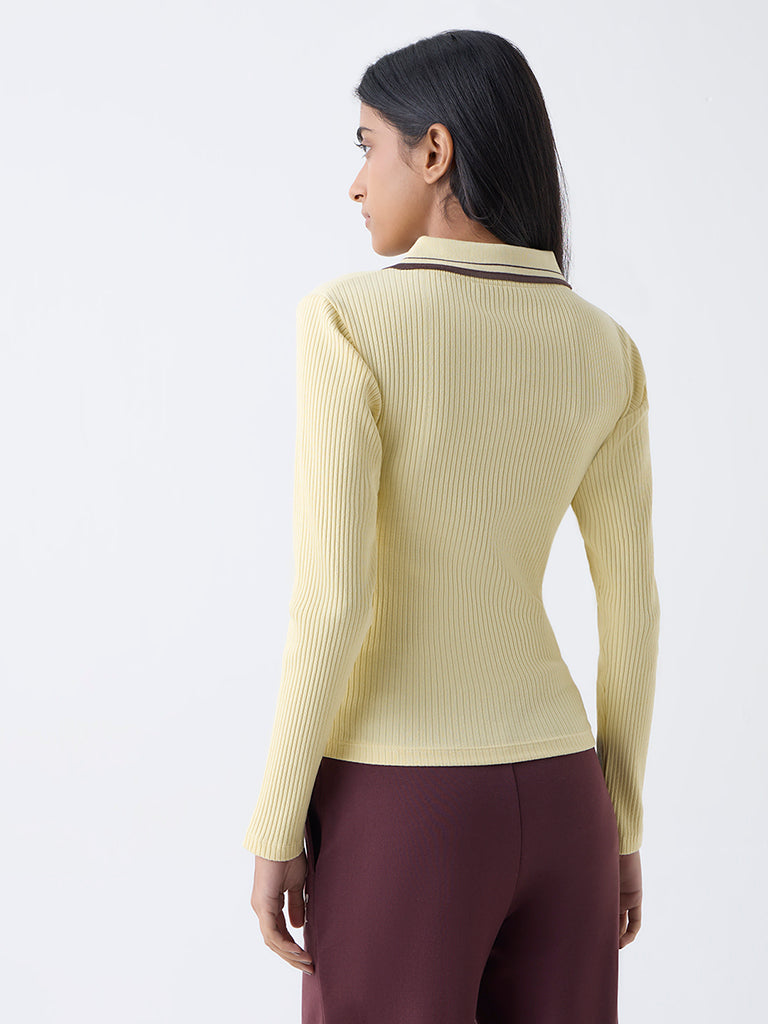 Studiofit Light Yellow Ribbed Cotton-Blend T-Shirt
