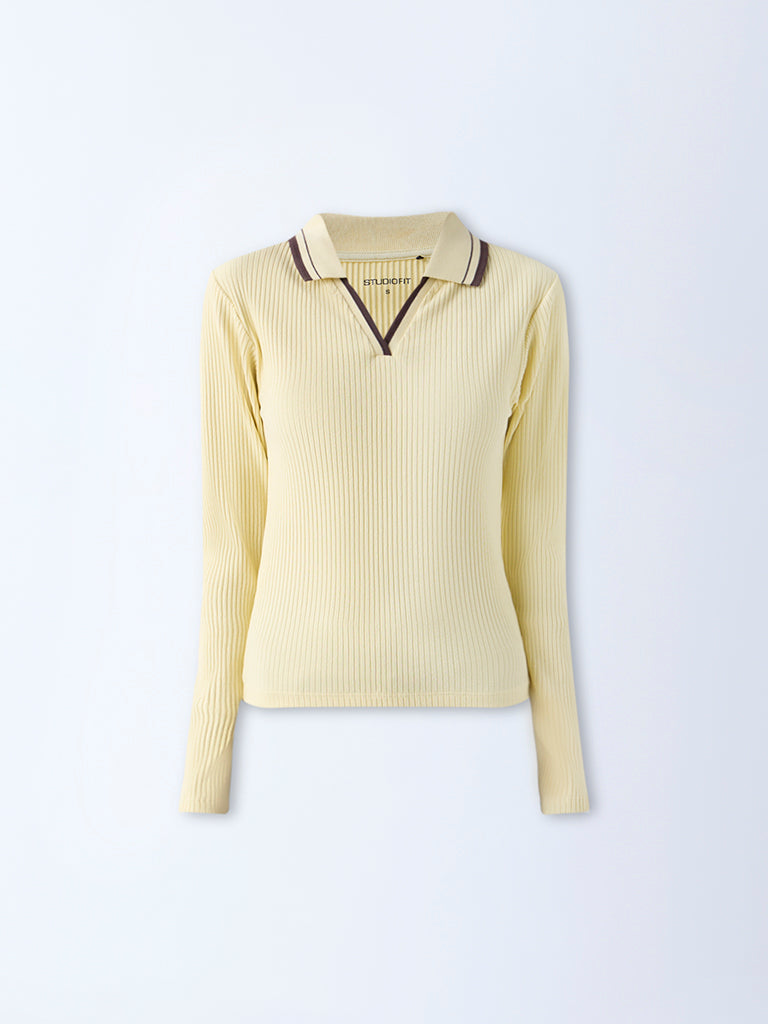 Studiofit Light Yellow Ribbed Cotton-Blend T-Shirt