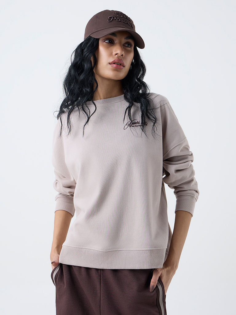 Studiofit Taupe Text Design Cotton-Blend Sweatshirt