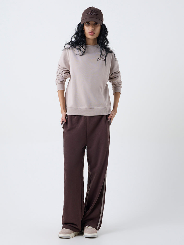 Studiofit Taupe Text Design Cotton-Blend Sweatshirt