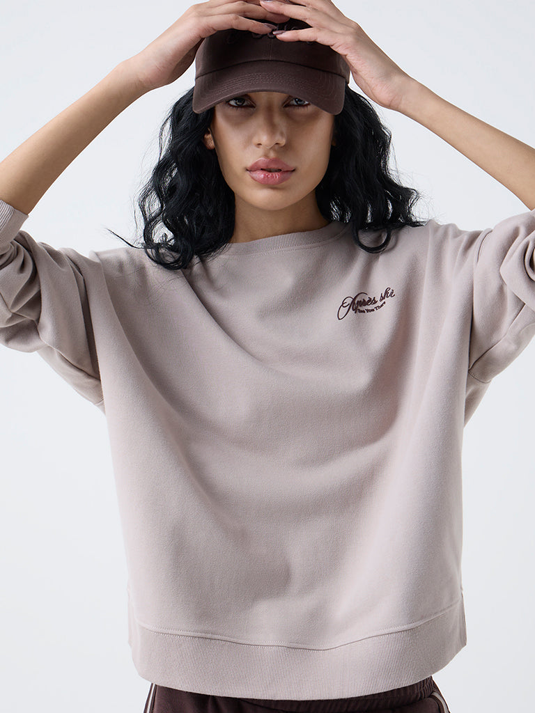 Studiofit Taupe Text Design Cotton-Blend Sweatshirt