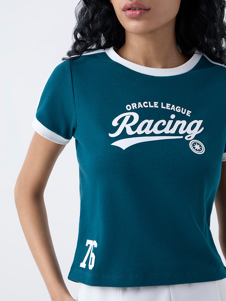 Studiofit Teal Text Printed Cotton-Blend T-Shirt