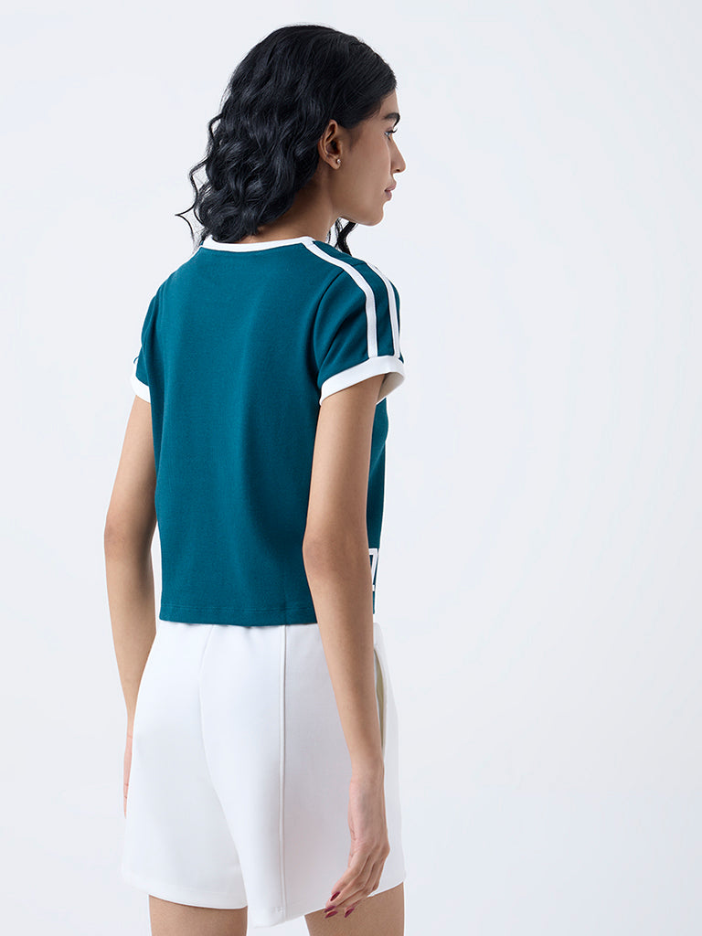 Studiofit Teal Text Printed Cotton-Blend T-Shirt