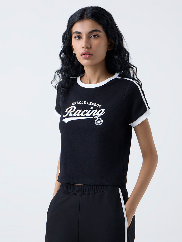Studiofit Black Text Printed Cotton-Blend T-Shirt