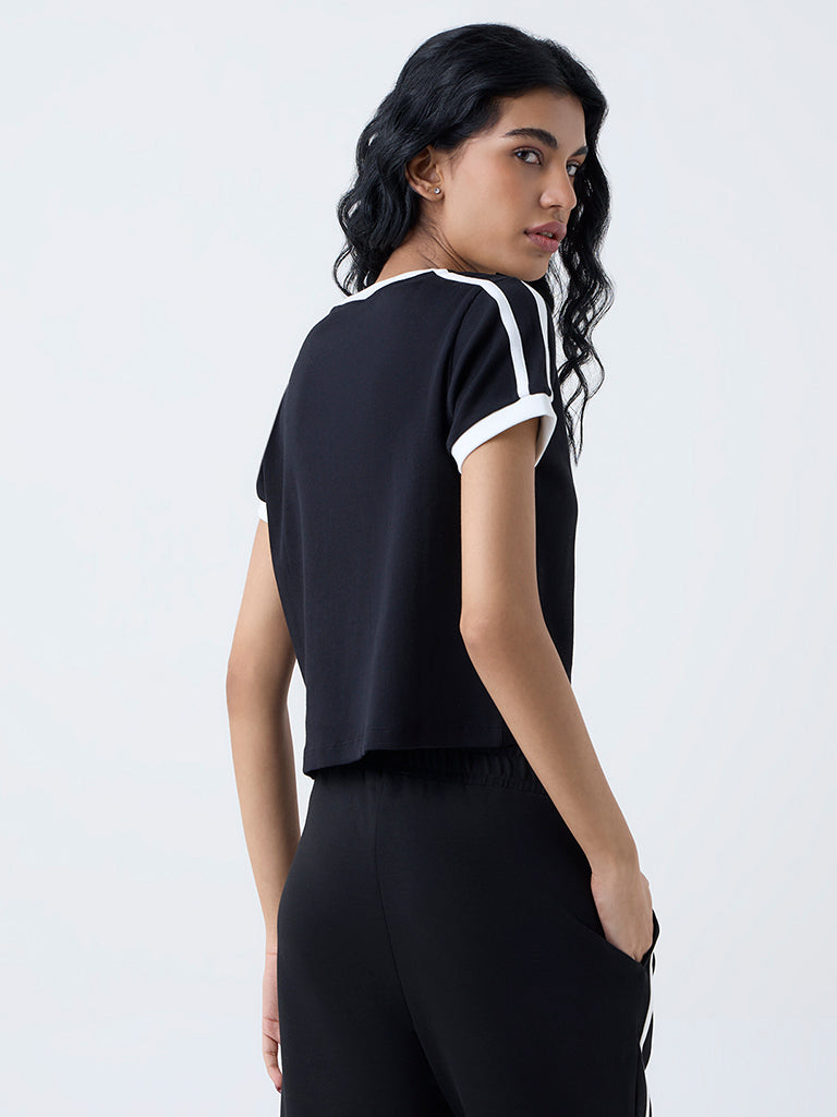 Studiofit Black Text Printed Cotton-Blend T-Shirt