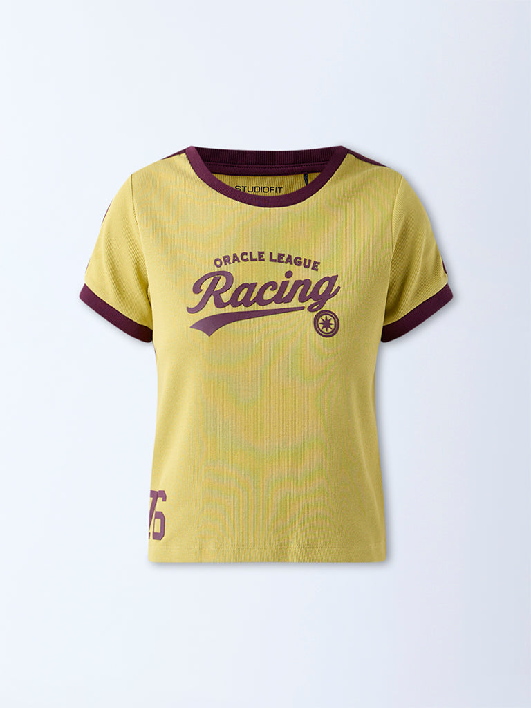 Studiofit Mustard Typographic Cotton-Blend T-Shirt