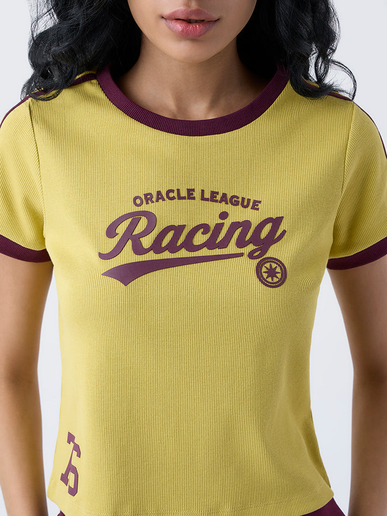 Studiofit Mustard Typographic Cotton-Blend T-Shirt