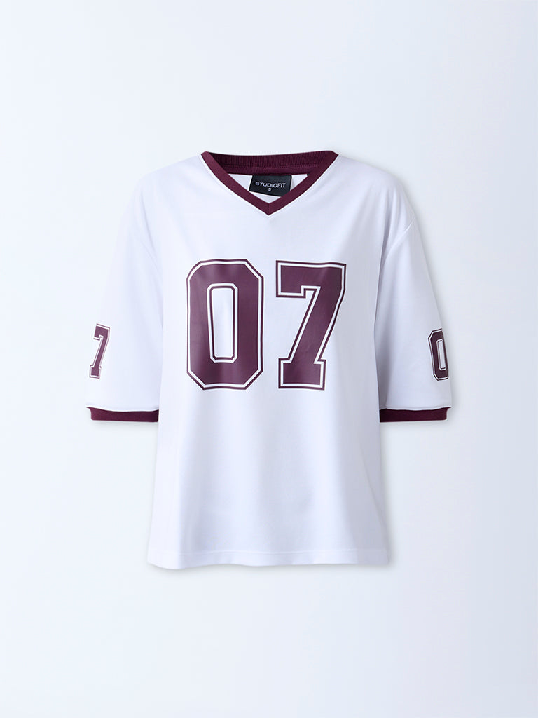Studiofit White Numerical Printed T-Shirt