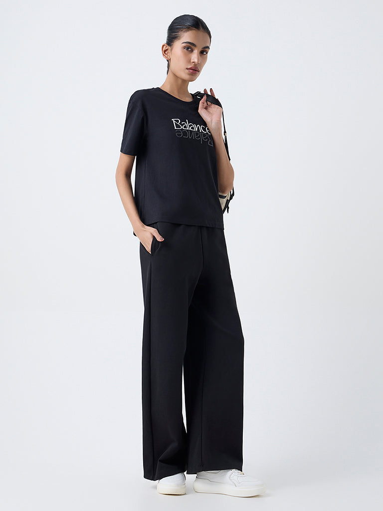 Studiofit Black Text Pattern Cotton T-Shirt