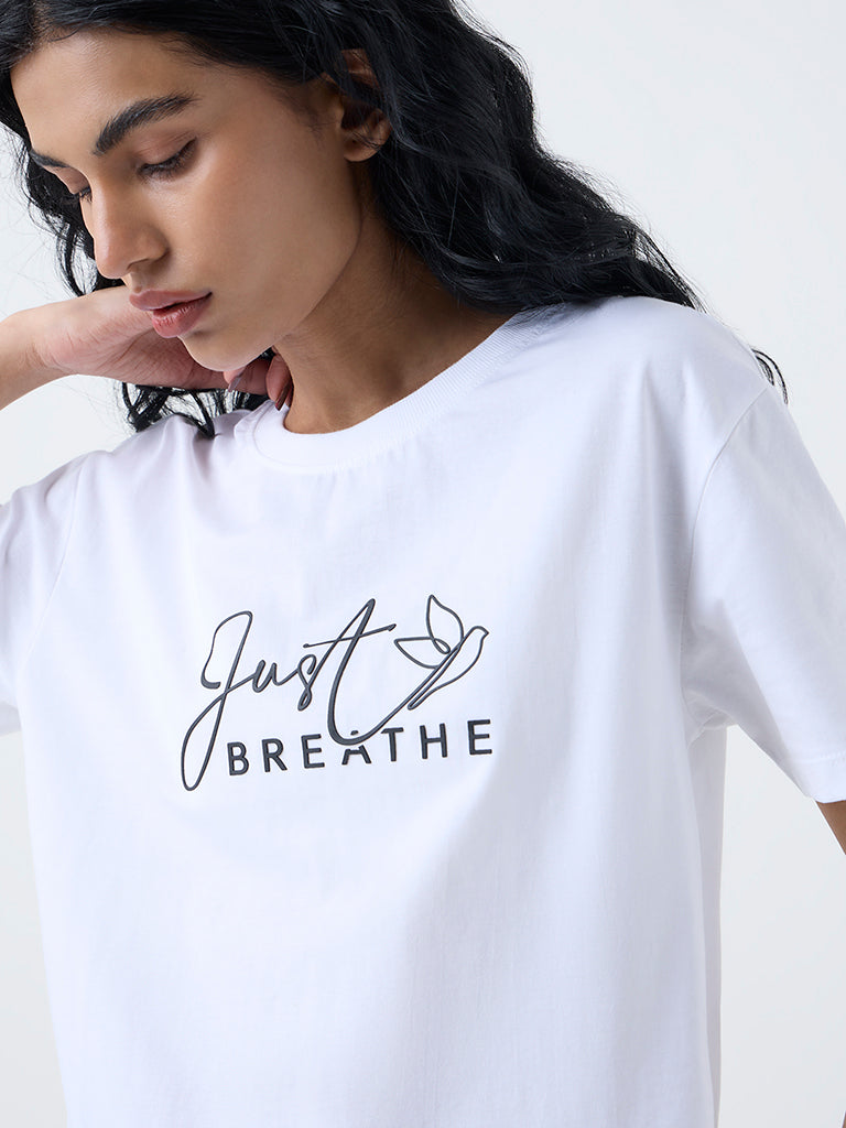 Studiofit White Text Printed Cotton T-Shirt