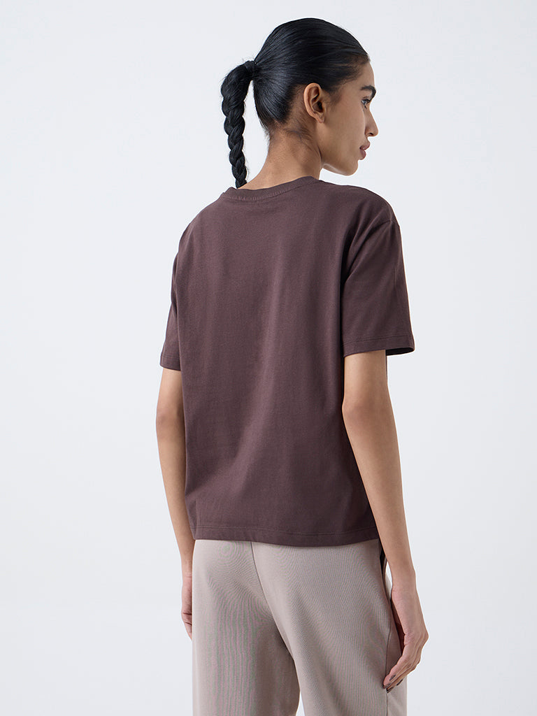 Studiofit Dark Brown Text Printed Cotton-Blend T-Shirt