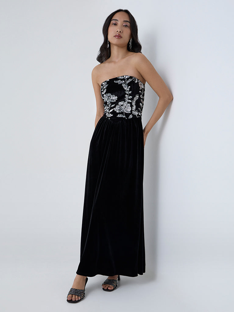 LOV Black Sequin Embellished Velvet Tube Dress