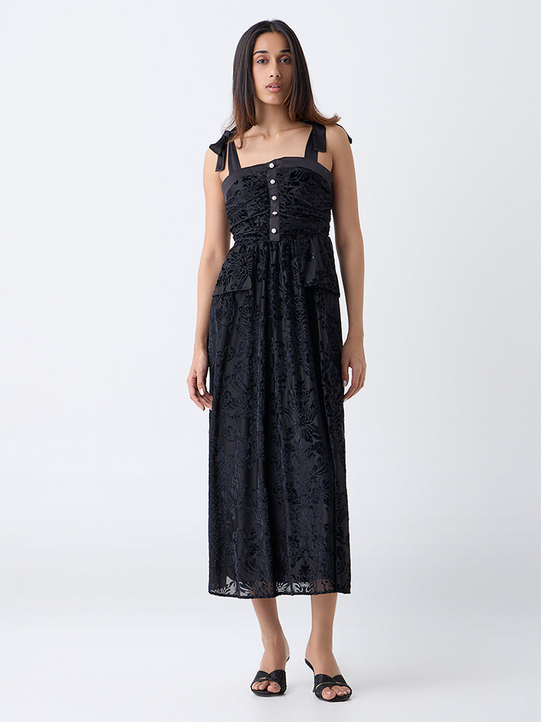 LOV Black Self-Patterned Velvet A-Line Dress