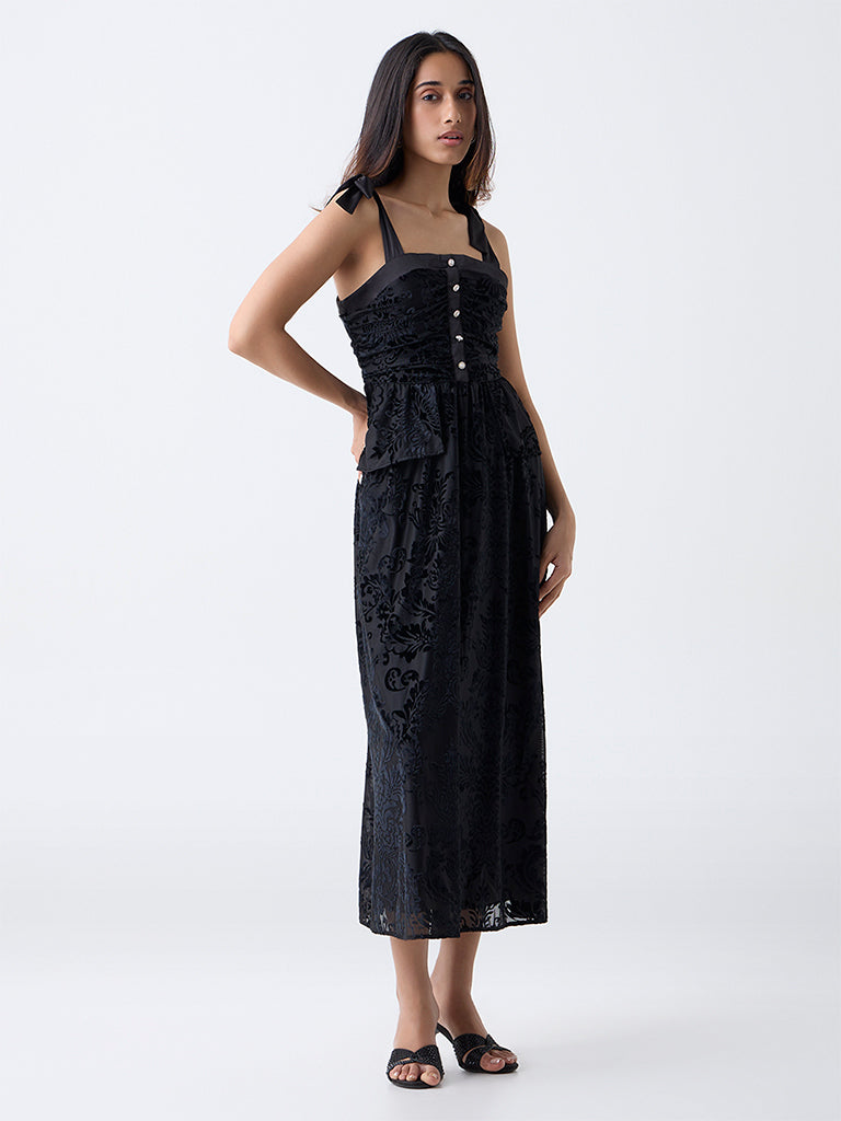 LOV Black Self-Patterned Velvet A-Line Dress