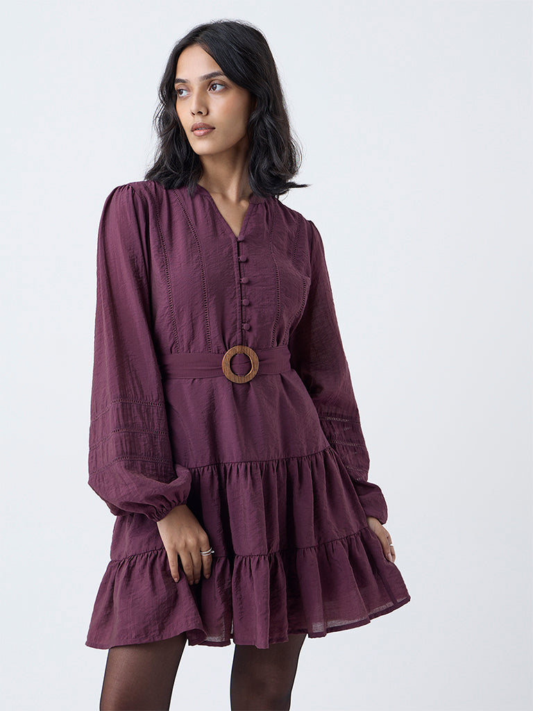 LOV Plum Solid Tiered Dress with Belt