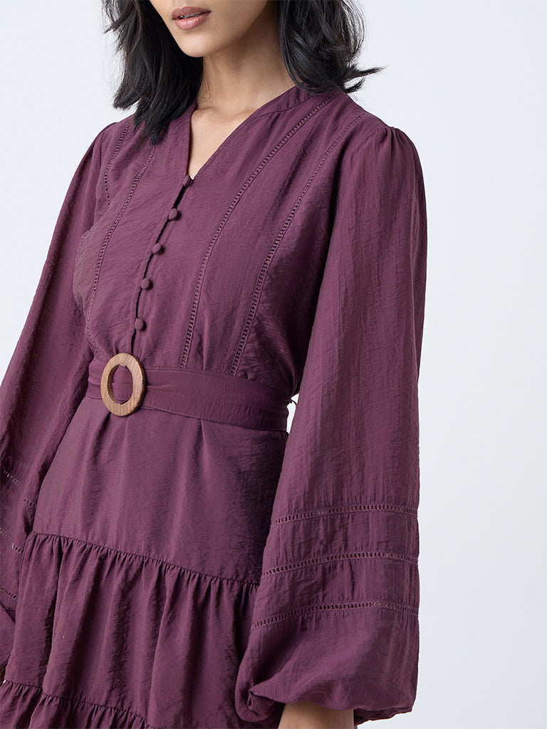 LOV Plum Solid Tiered Dress with Belt