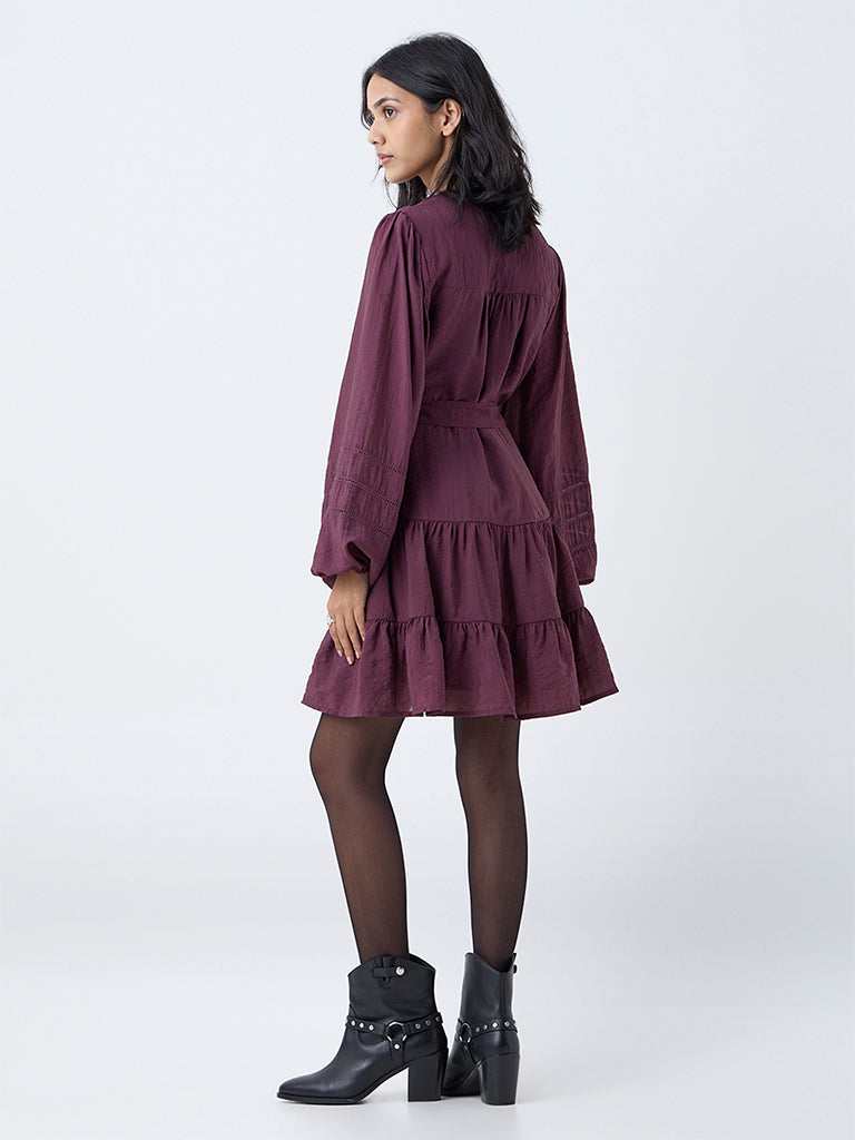 LOV Plum Solid Tiered Dress with Belt