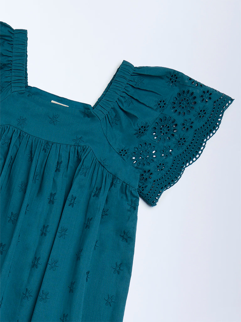 Utsa Kids Girls Teal Schiffli Drop-Waist Cotton Dress (8-14 yrs)