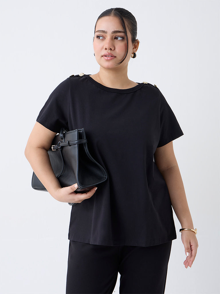 Gia Black Solid Cotton-Blend T-Shirt