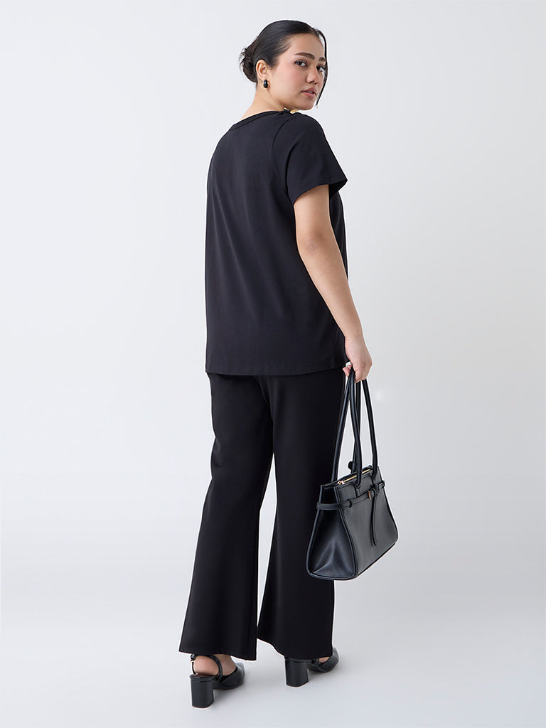 Gia Black Solid Cotton-Blend T-Shirt