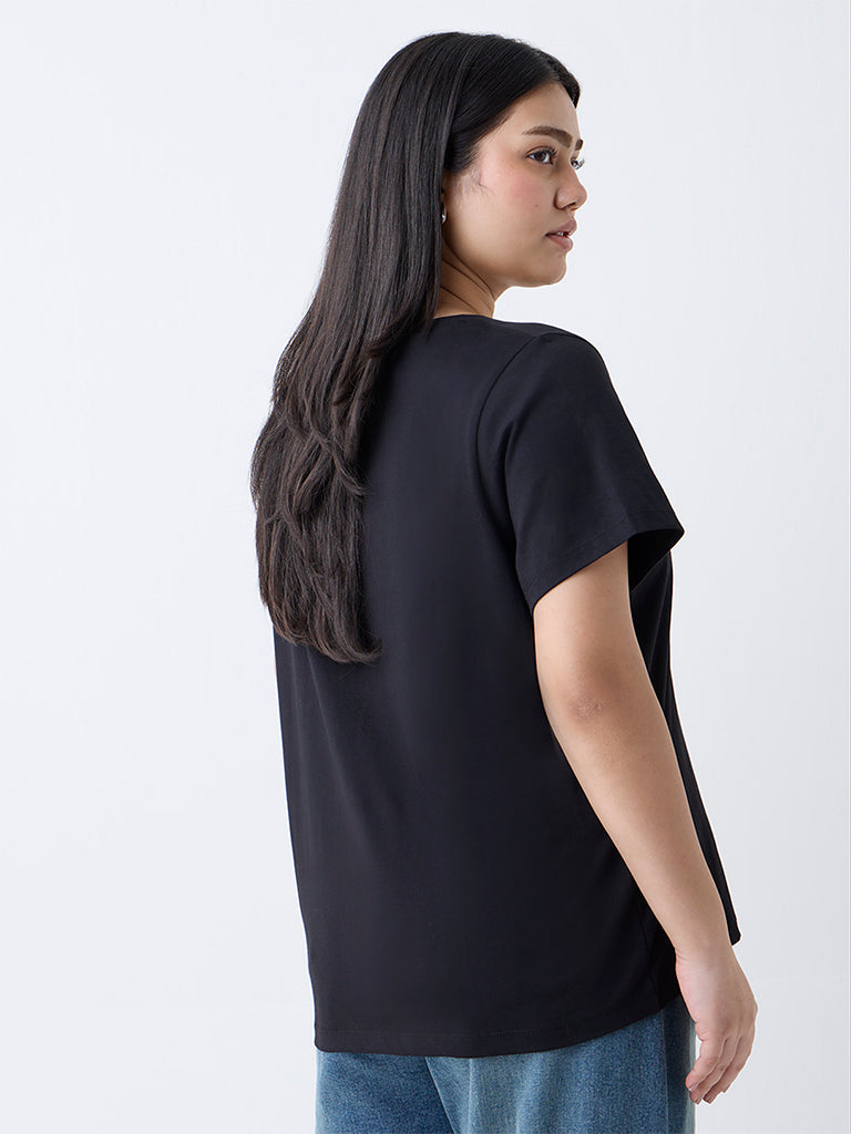 Gia Black Floral Design Cotton T-Shirt