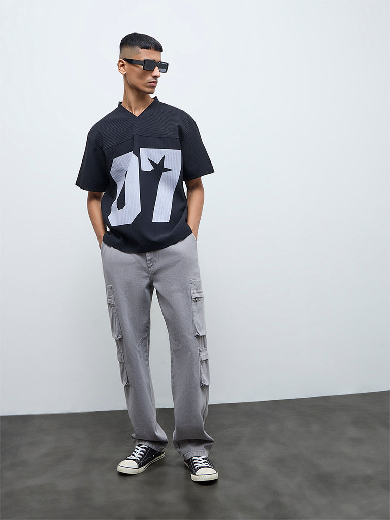 Nuon Black Numerical Printed Relaxed-Fit T-Shirt