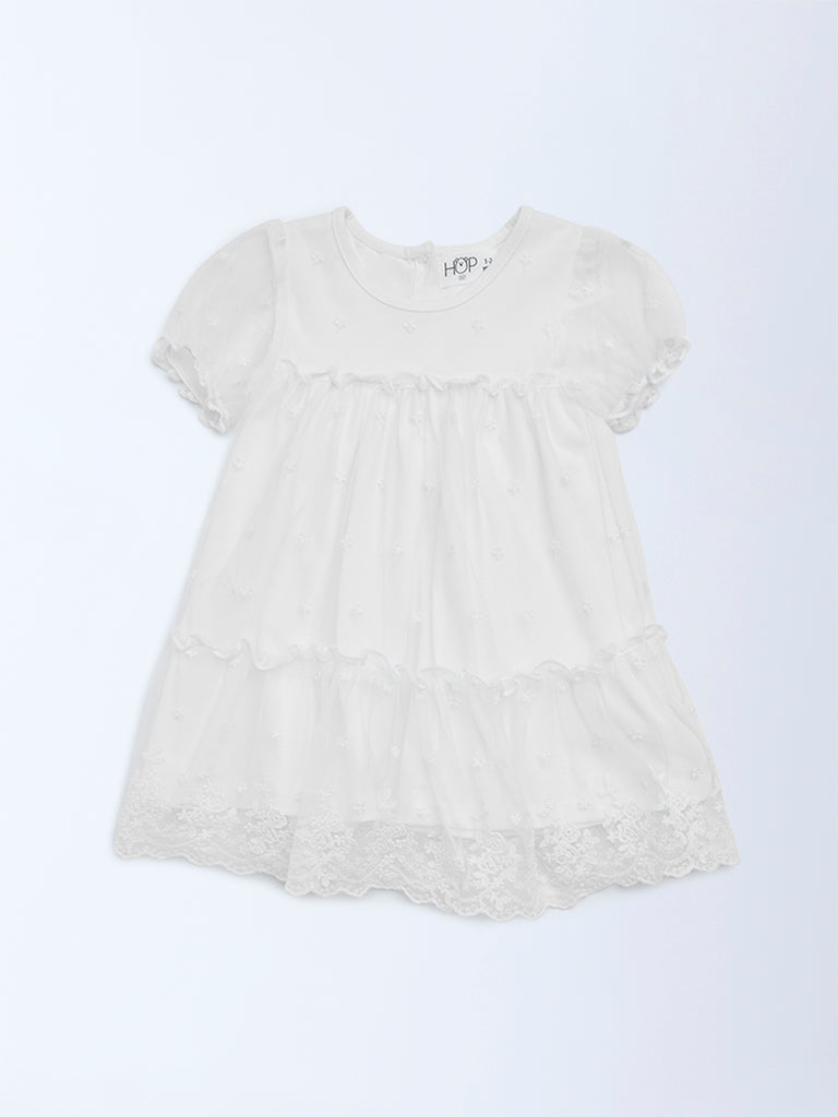 HOP Baby Girls White Lace Detailed Tiered Dress