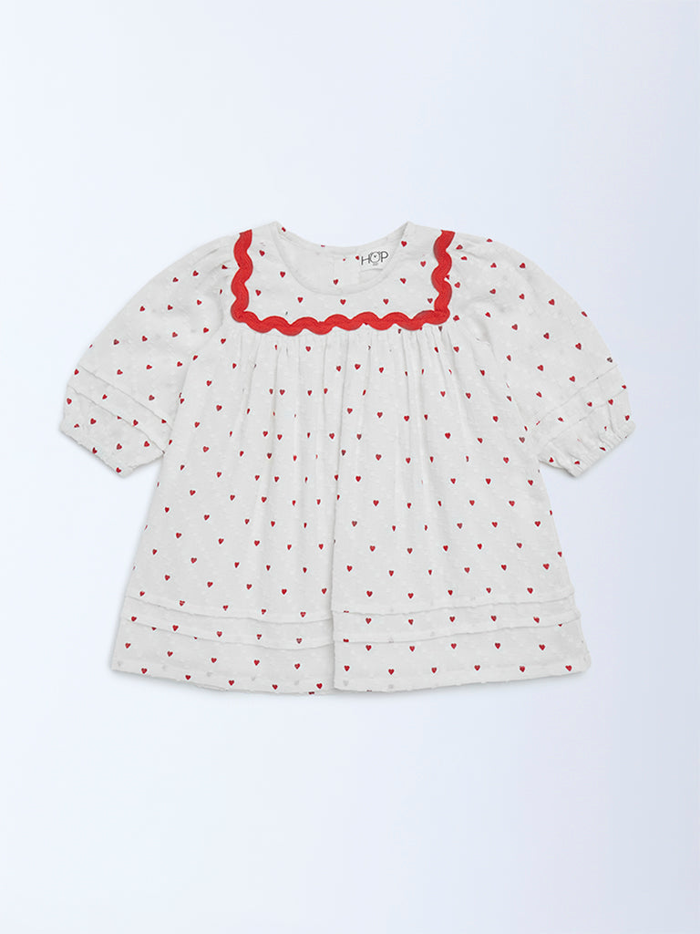 HOP Baby Girls Off-White Heart Printed A-Line Dress