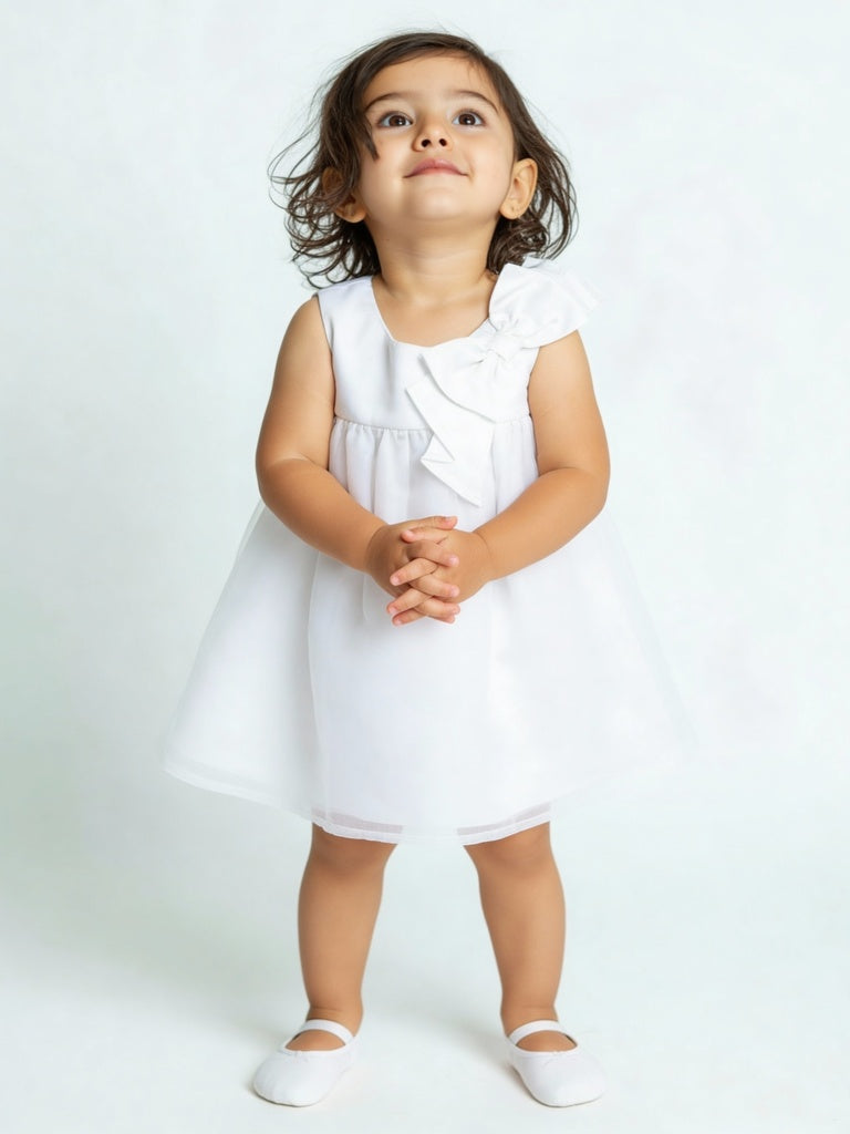 HOP Baby Girls White Bow-Detailed Fit-and-Flare Dress